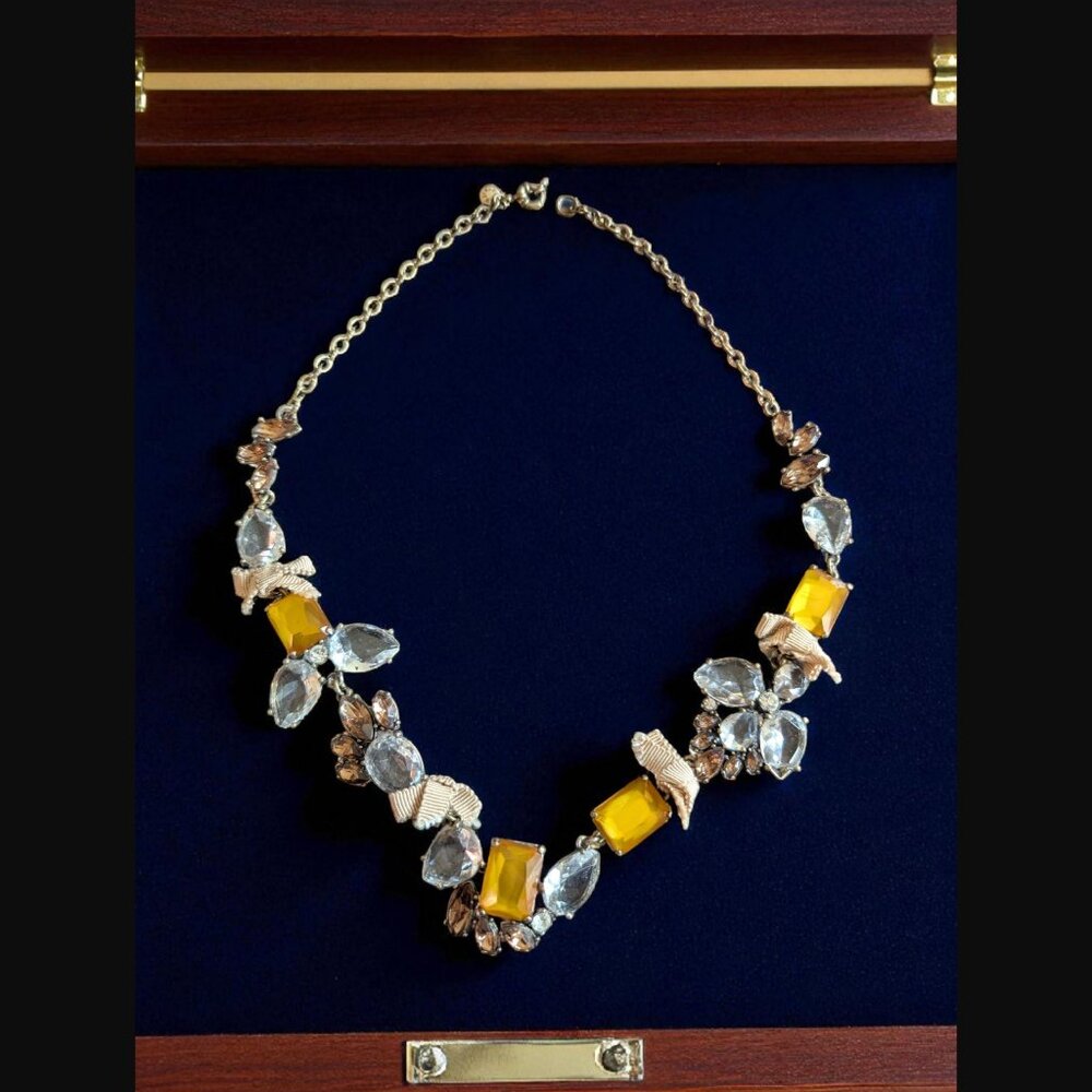 J.Crew Antique Gold Tone Large Rhinestone Statement Necklace 22"